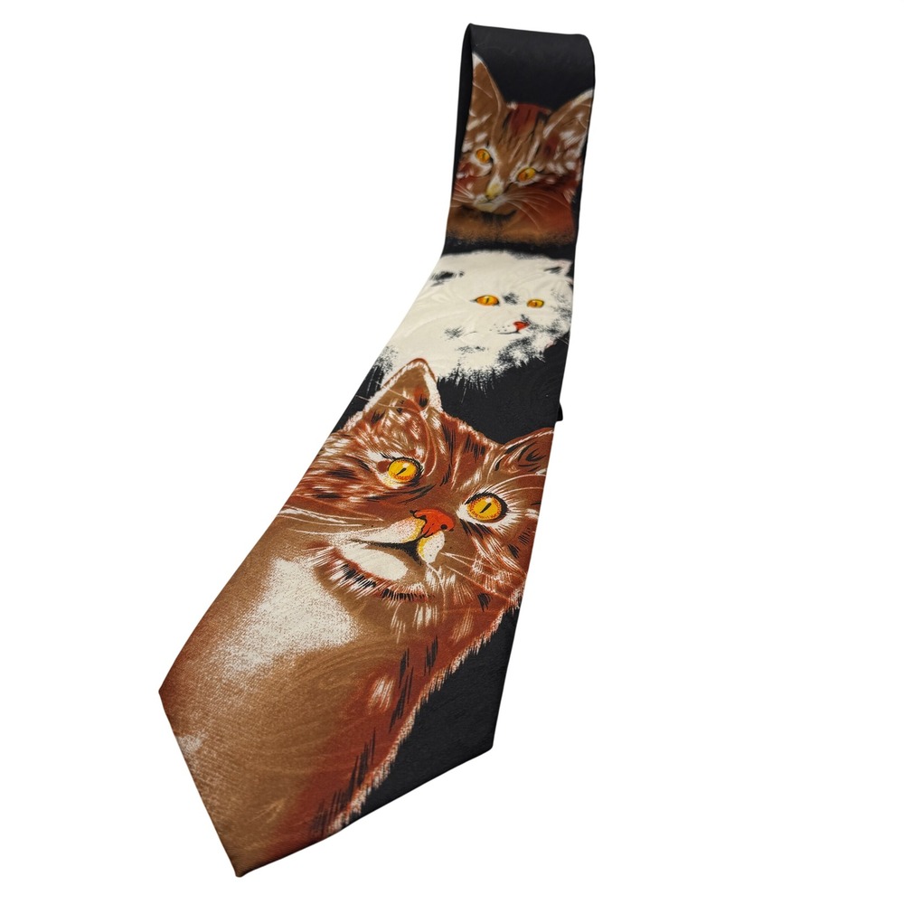 Vintage A. Rogers Cat Print Necktie Black Paisley Ginger White Cats Novelty Tie